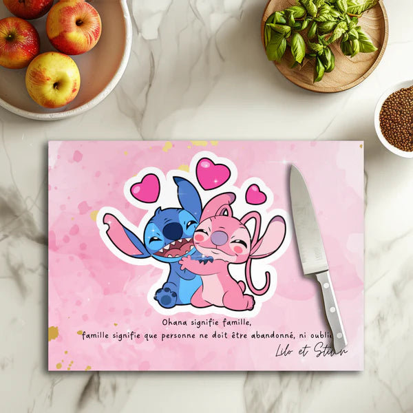 💙💗 Planche à découper Stitch x Angel – Love & Ohana – Verre 20 × 28,5 cm