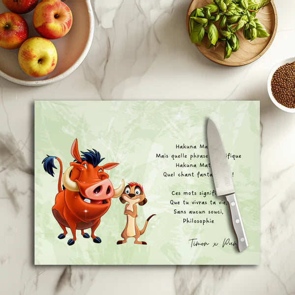 🐗🪲 Planche à découper Timon x Pumbaa – Hakuna Matata – Verre 20 × 28,5 cm