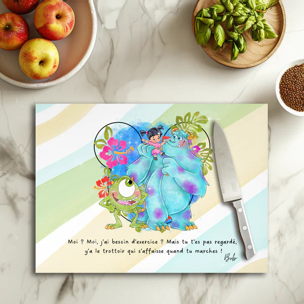 💙👁️ Planche à découper Monstres & Cie – Verre 20 × 28,5 cm