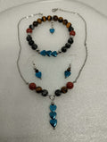 🔥 Parure Équilibre & Protection – Œil du Tigre, Jaspe Rouge, Obsidienne Neigeuse & Cœur en Hématite Bleu