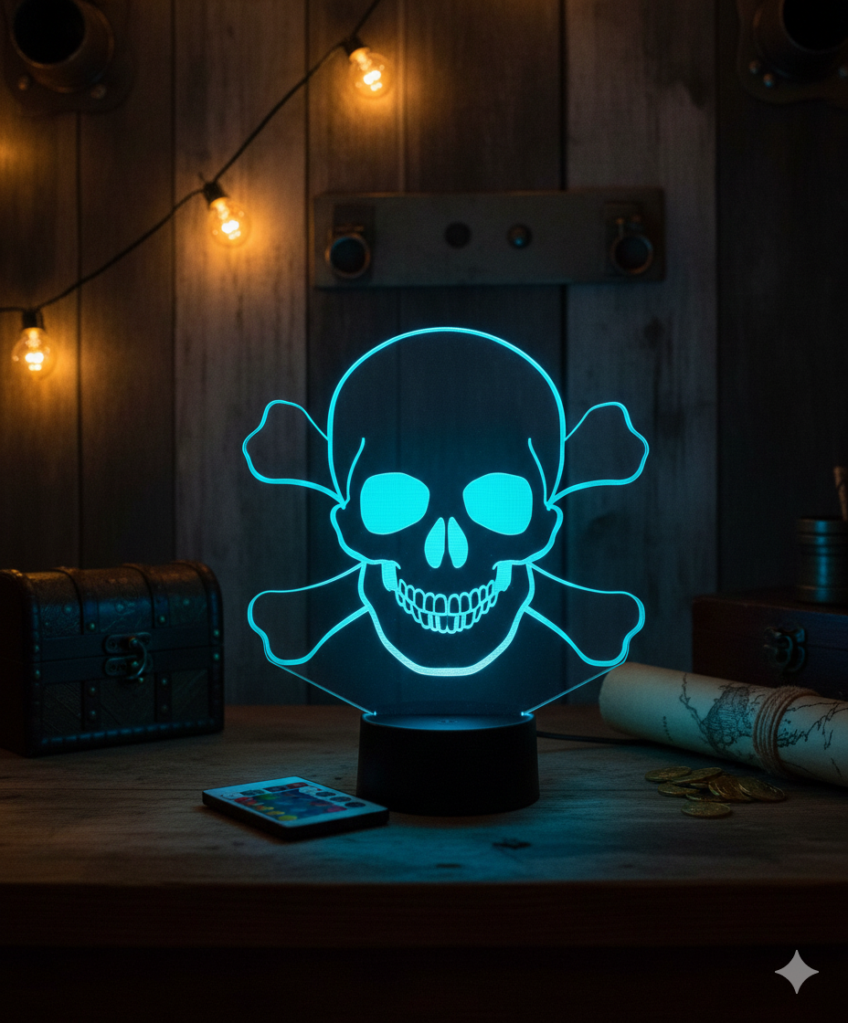 ☠️✨ Lampe Illusion 3D Tête de Mort Pirate