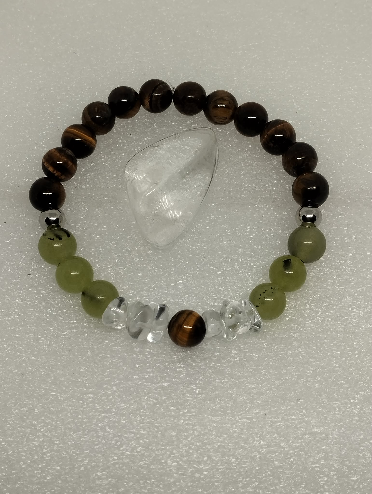Bracelet en Préhnite, Œil de Tigre & Cristal de Roche
