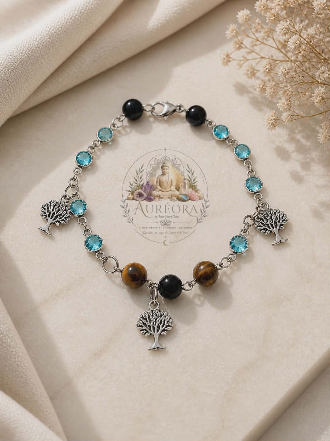 🌿 Bracelet de Cheville – Arbre de Vie, Œil du Tigre & Zircon Bleu