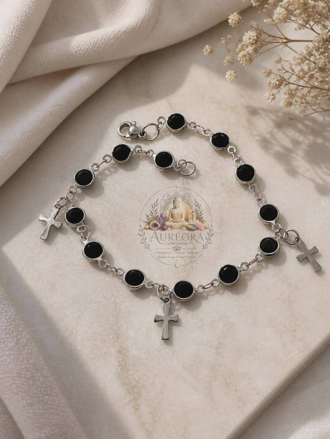 ✝️ Bracelet de Cheville – Zircon Noir & Croix en Acier Inoxydable