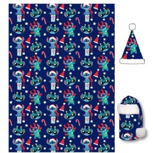 🎄 Ensemble couverture + bonnet de Noël Disney – Lilo & Stitch, le chien étoile