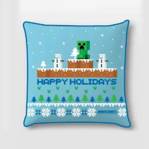 🎁🧱 Taie d’oreiller – Minecraft « Joyeuses Fêtes » – 40x40 cm – effet velours – coussin inclus