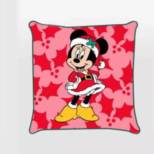 🎄🎀 Taie d’oreiller – Disney Minnie Holly Noël – 40x40 cm – effet velours – coussin inclus