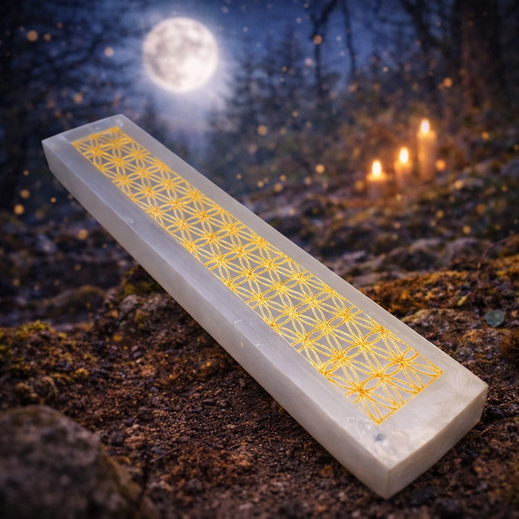 ✨🌙 Plaque de Sélénite – Fleur de Vie Dorée