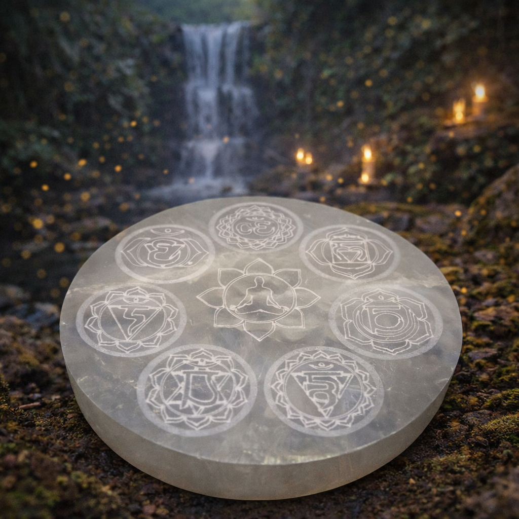 ✨🧘♂️ Plaque de Sélénite – Bouddha 7 Chakras (10 cm)