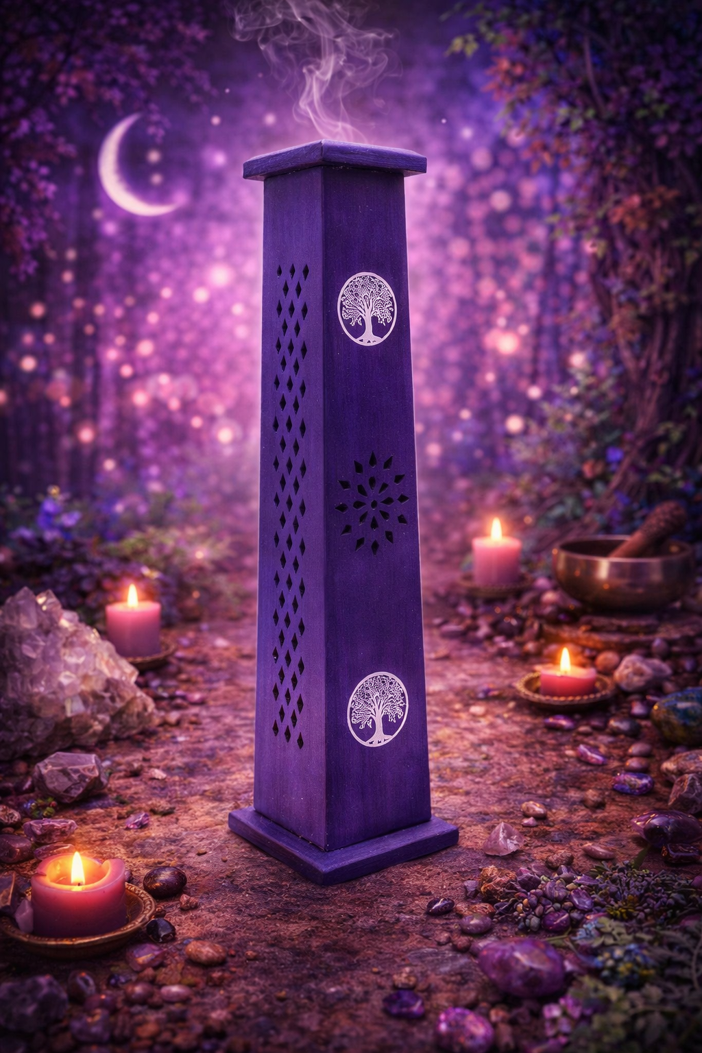 ✨💜 Porte‑Encens Grande Tour en Bois Violet – Motif Arbre de Vie – 30 cm