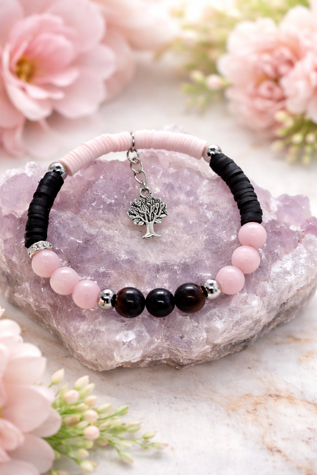 Bracelet Arbre de Vie – Œil du Taureau, Obsidienne Noire, Œil du Tigre & Sélénite Œil de Chat
