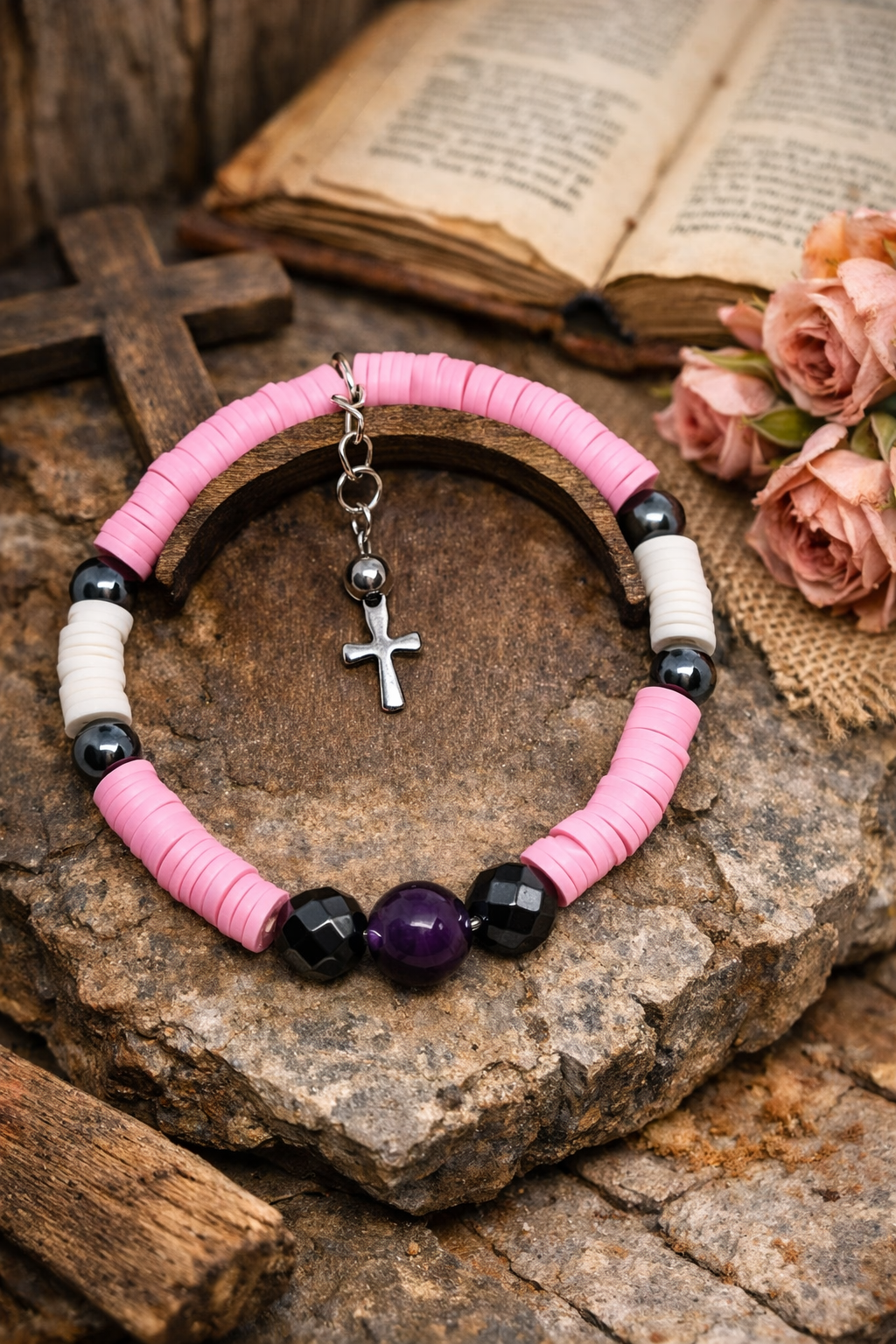 Bracelet Heishi – Améthyste, Hématite & Œil de Tigre