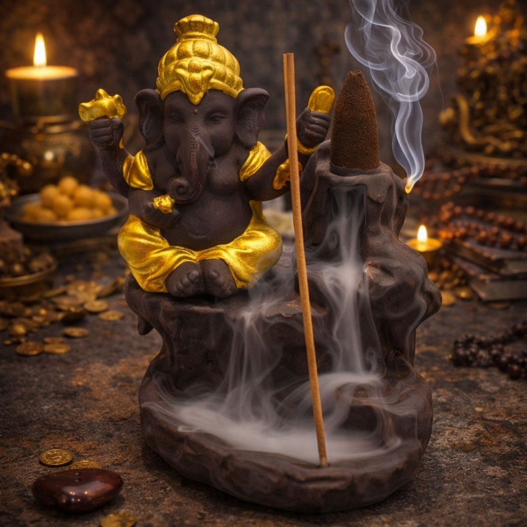 ✨🐘 Porte‑Encens Backflow en Céramique – Ganesh – 14 cm