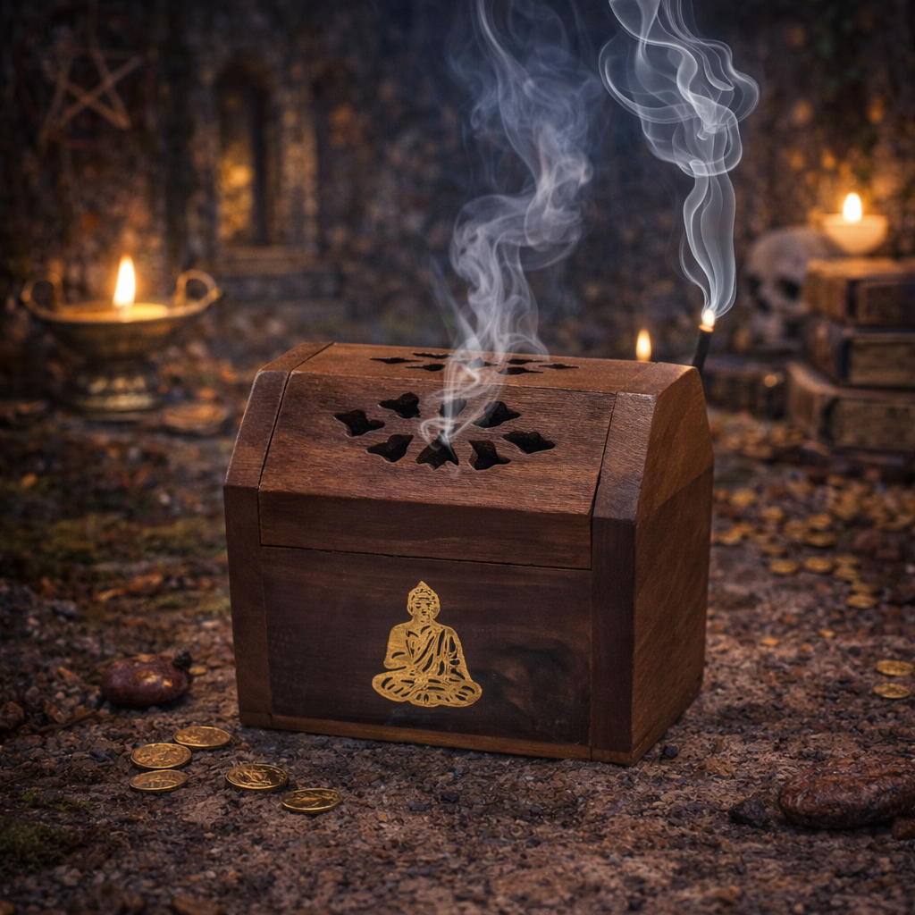 ✨🧘♂️ Porte‑Encens pour Cônes – Coffret en Bois – Motif Bouddha