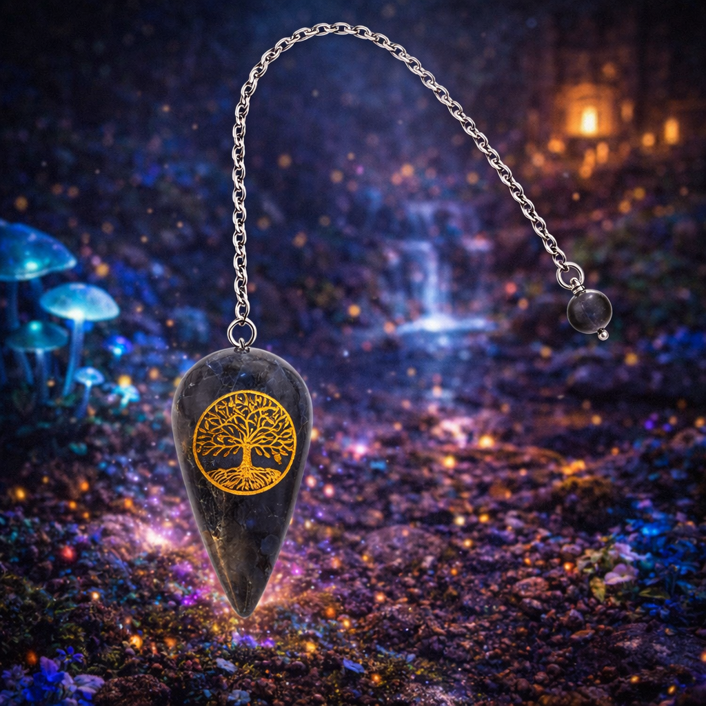 ✨🌌 Pendule Labradorite – Gravure Arbre de Vie