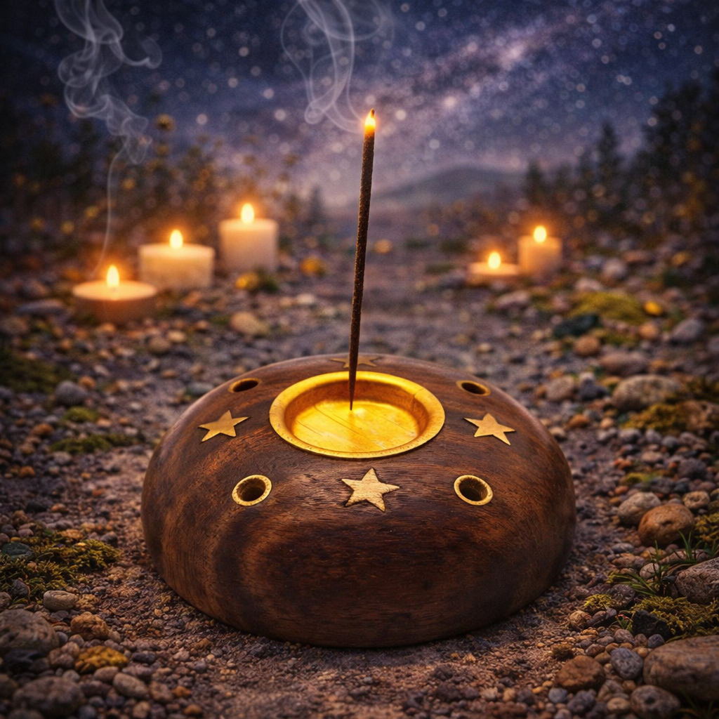 ✨⭐ Porte-Encens Bois & Laiton – Motif Étoiles (6 cm)