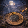 ✨🌀 Porte-Encens Rond en Bois de Manguier – Motif Pentacle Embouti Bicolore (10 cm)