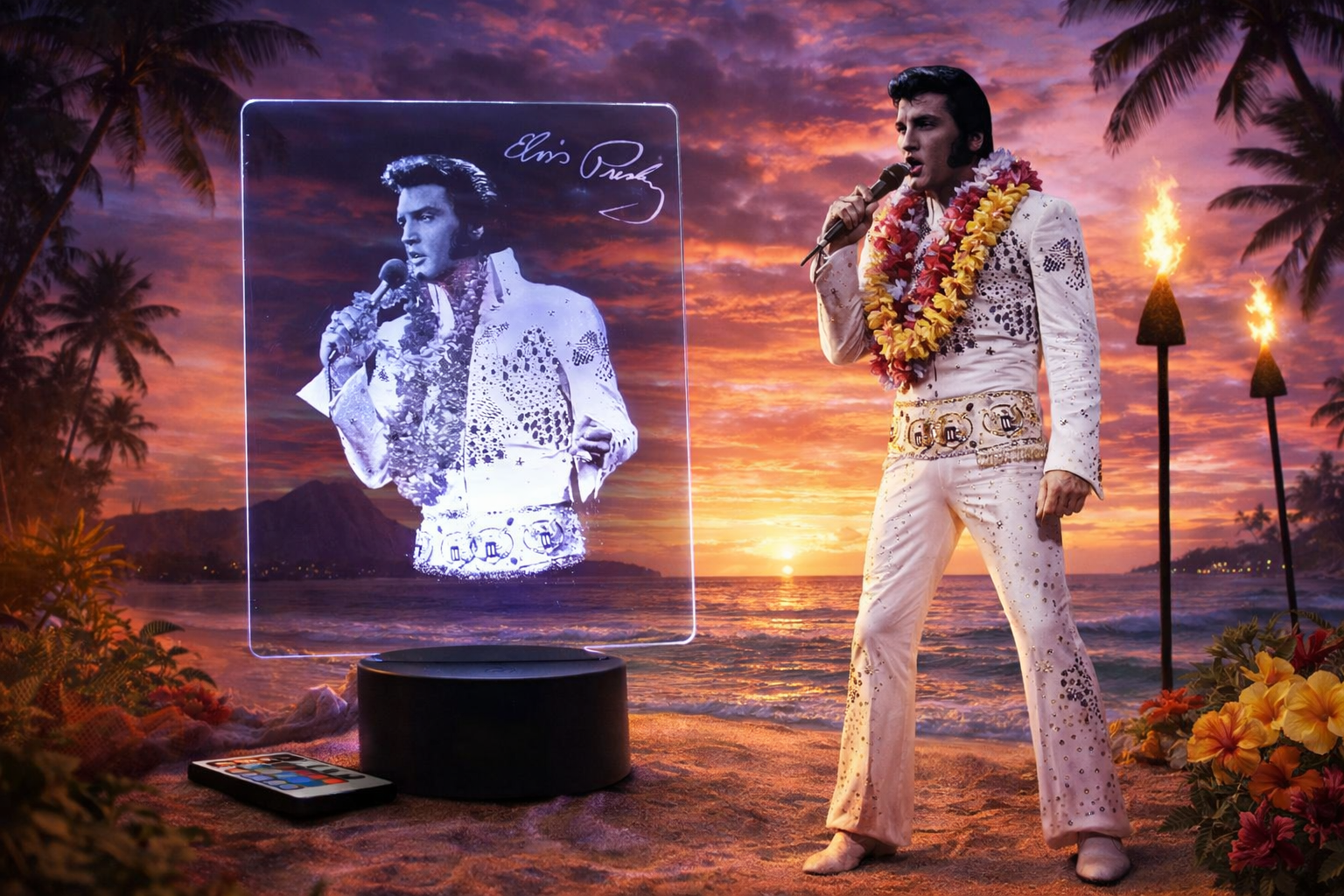 🌺🎸 Lampe Illusion 3D – Portrait Elvis Presley Hawaii