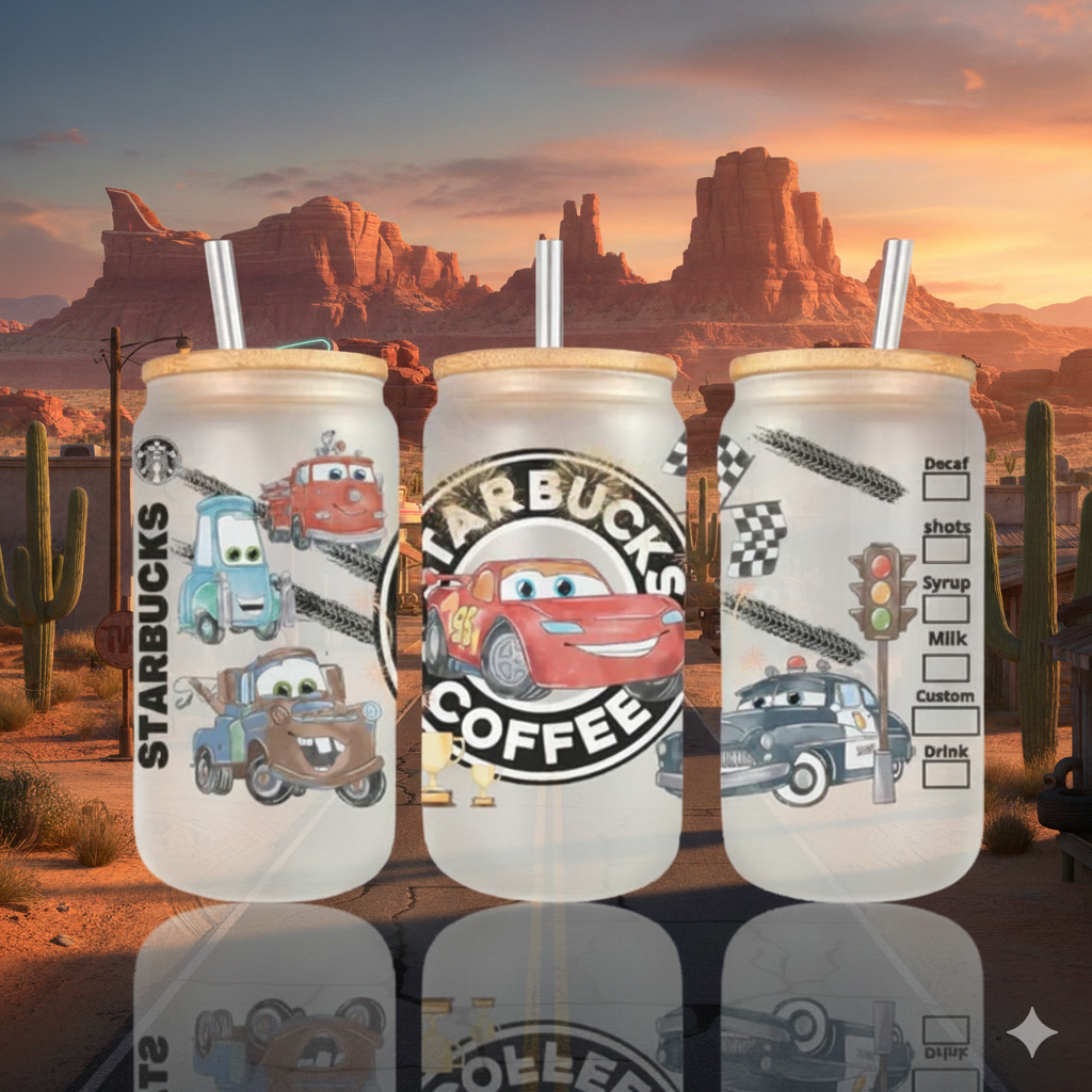 🚗⚡ Verre Givré Personnalisable Cars – Style Starbucks – 470 ml