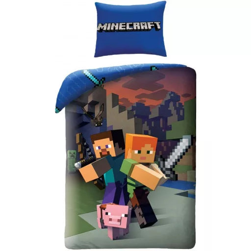 ⛏️ Parure de lit Minecraft Steve et Alex – 140×200 cm + taie 70×90 cm