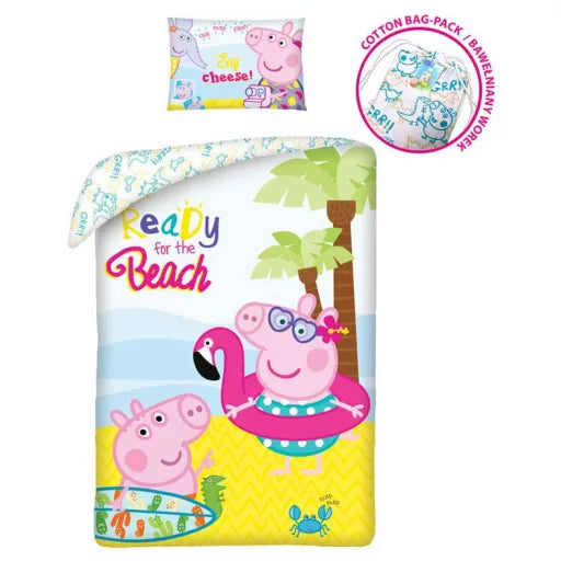 🏖️ Housse de couette Peppa Pig Plage – 140×200 cm + taie 70×90 cm