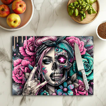 💀💋 Planche à découper Skull Pin‑Up – Verre 20 × 28,5 cm