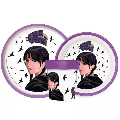 🕸️ Service de table Wednesday Nevermore Academy – Micro-ensemble antidérapant en plastique (tasse 260 ml)