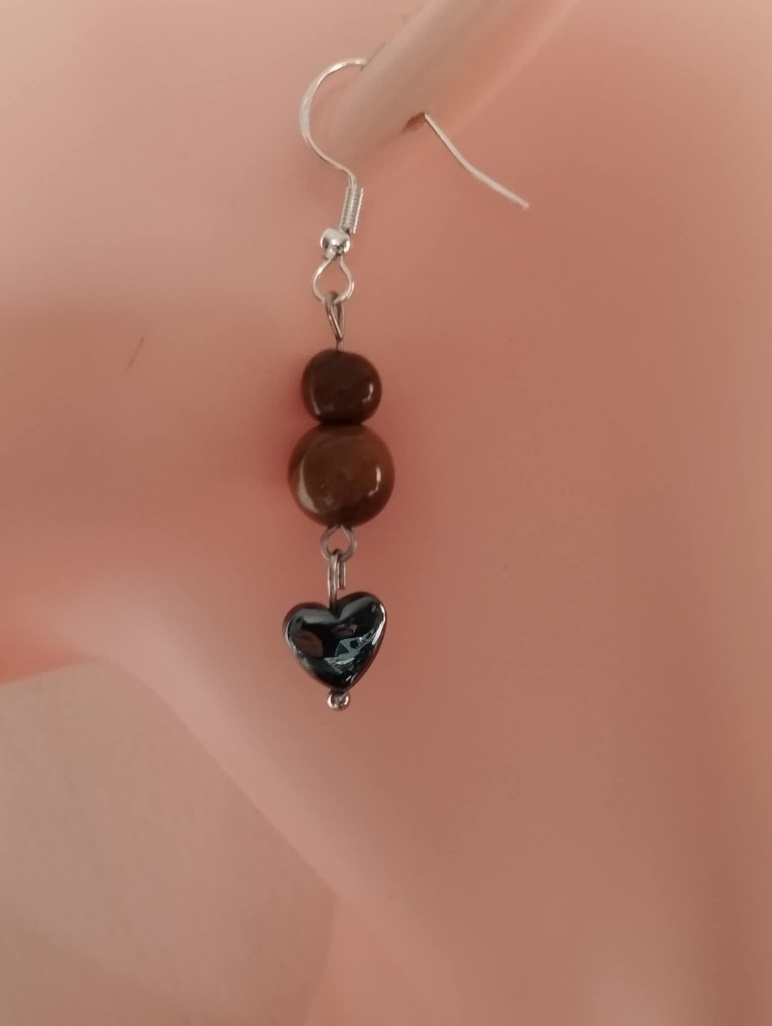 ✨🐅🖤 Boucles d’Oreilles Œil de Tigre & Cœur en Hématite