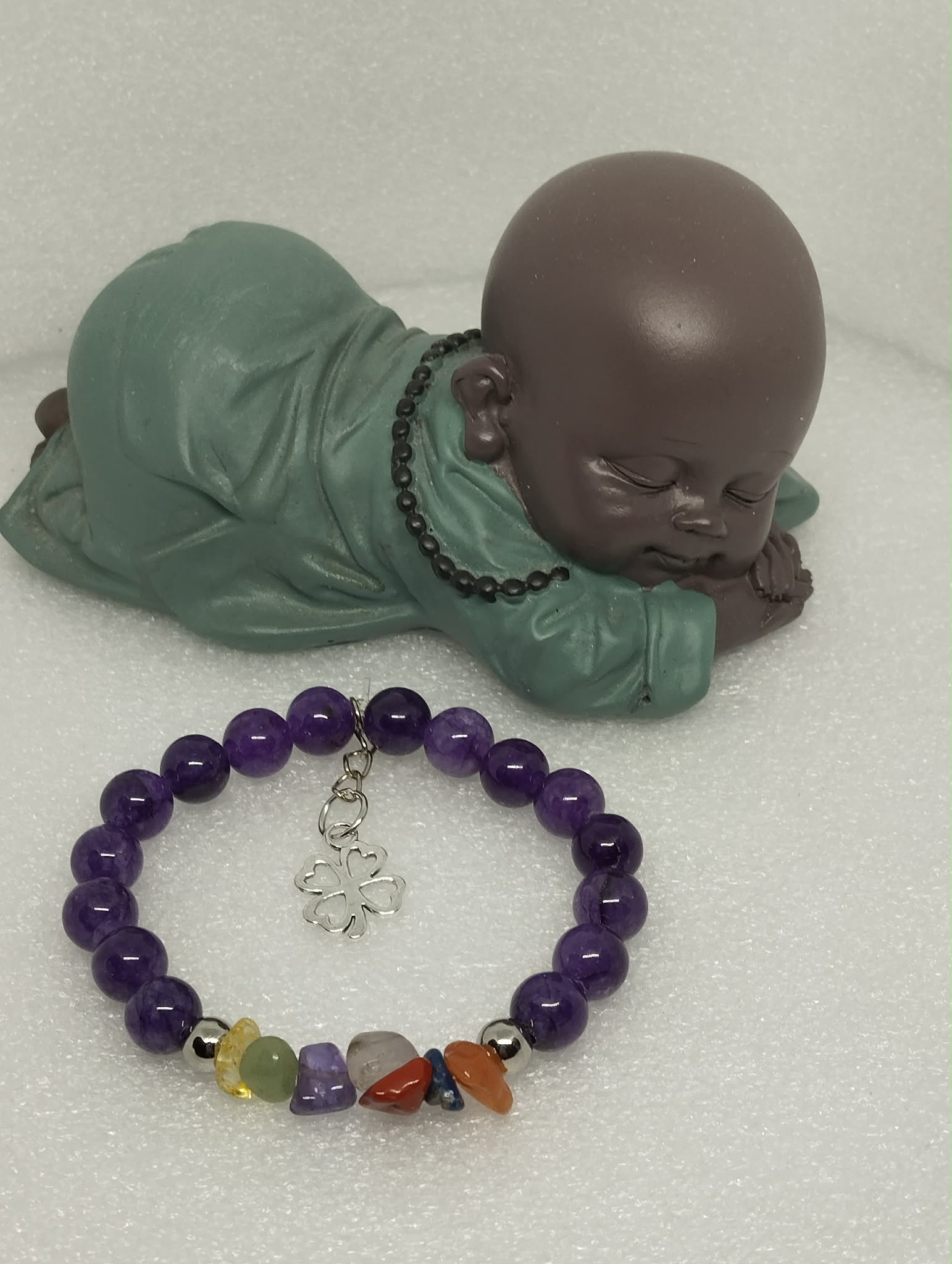 Bracelet Améthyste • 7 Chakras • Trèfle Porte‑Bonheur