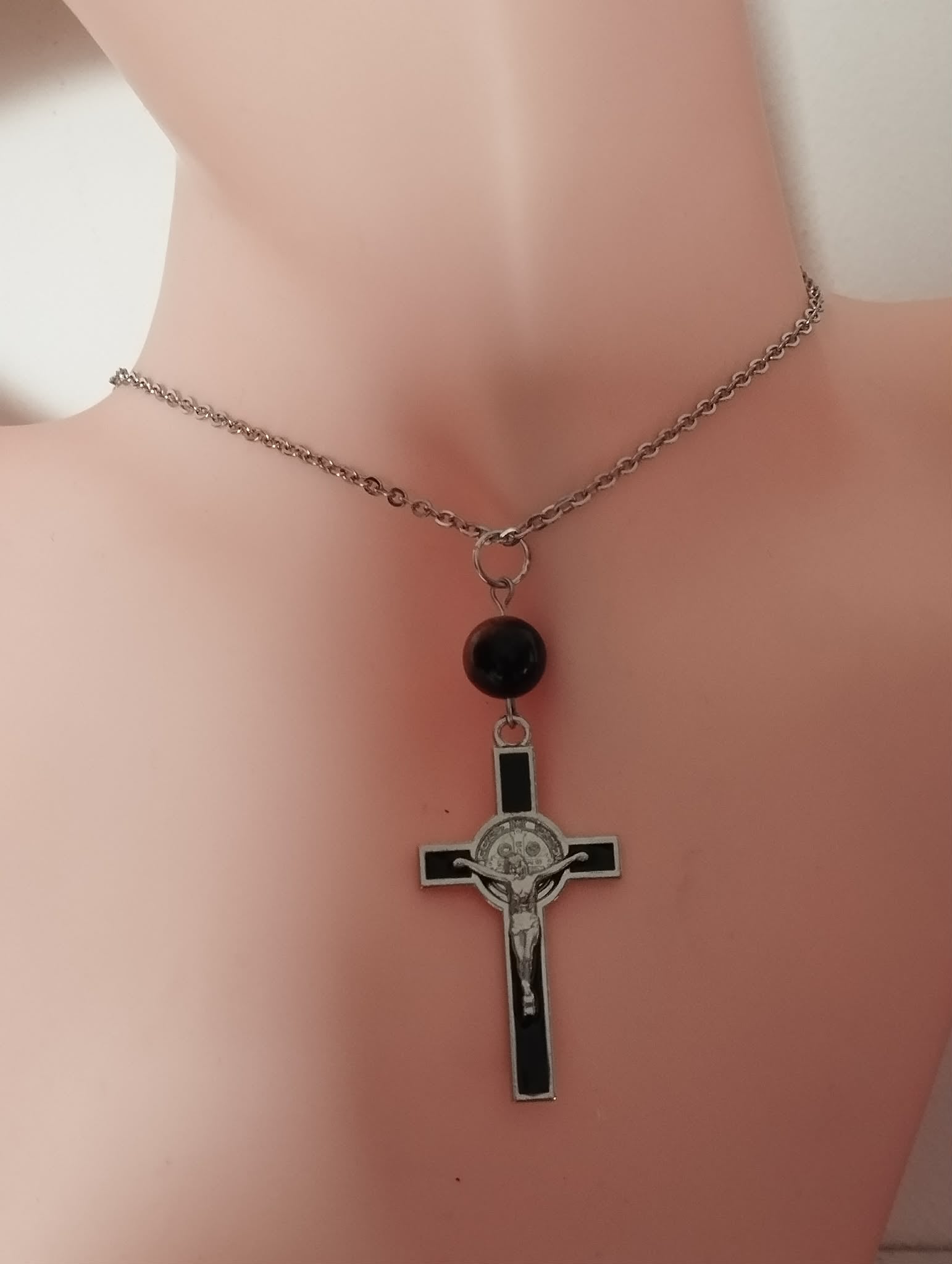 Collier Croix avec Perle en Œil de Tigre