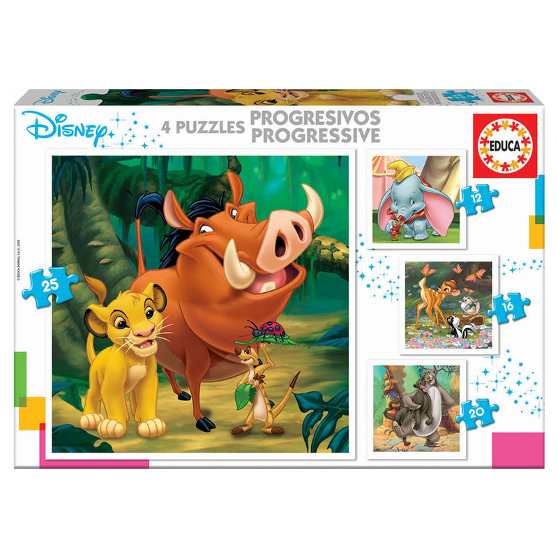 🧩✨ Puzzle Progressif Disney – Dumbo, Bambi, Le Roi Lion & Le Livre de la Jungle 12 – 16 – 20 – 25 pièces