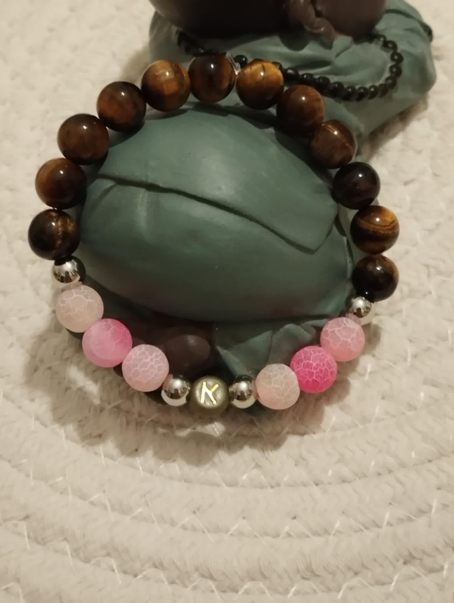 ✨💗 Bracelet Lettre Initiale – Agate Rose & Œil de Tigre
