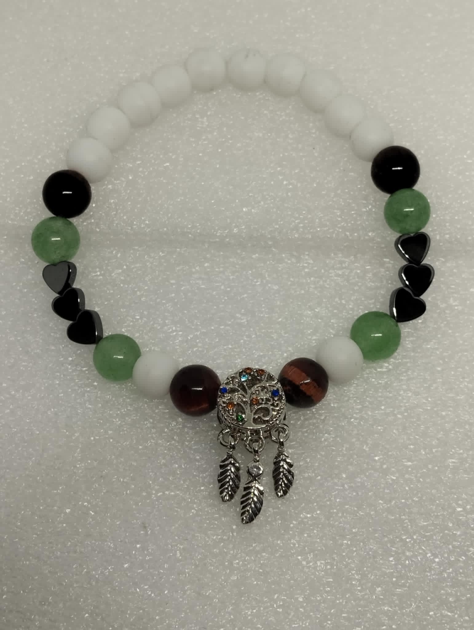 ✨💚 Bracelet Aventurine, Pierre Blanche, Cœur en Hématite, Œil de Tigre & Obsidienne