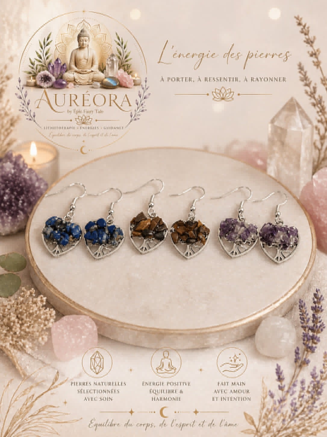 🌿 Boucles d’Oreilles Arbre de Vie – Pierre Naturelle & Argent 925
