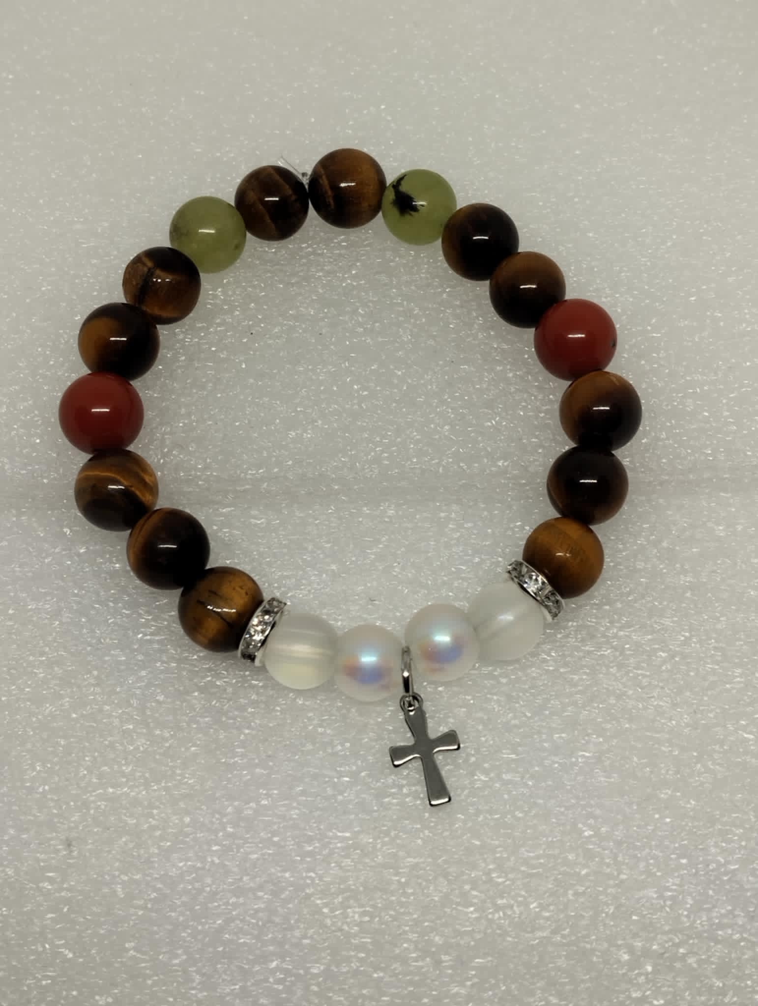 ✨🌿 Bracelet Croix – Œil de Tigre, Cristal de Quartz, Préhnite & Jaspe Rouge
